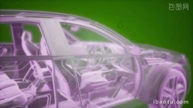 d线框汽车模型与引擎的全息动画